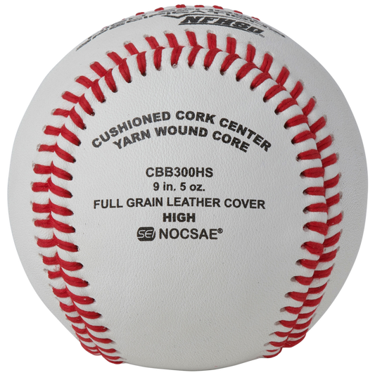 Baseball with red stiching showing "Cushioned Cork Center, Yarn Wound Core". Full Grain Leather Cover.