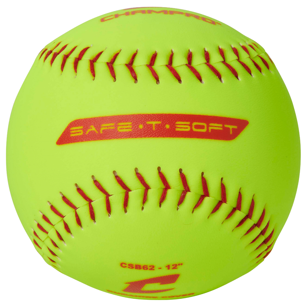Yellow softball with red stitching and 'Champion' branding