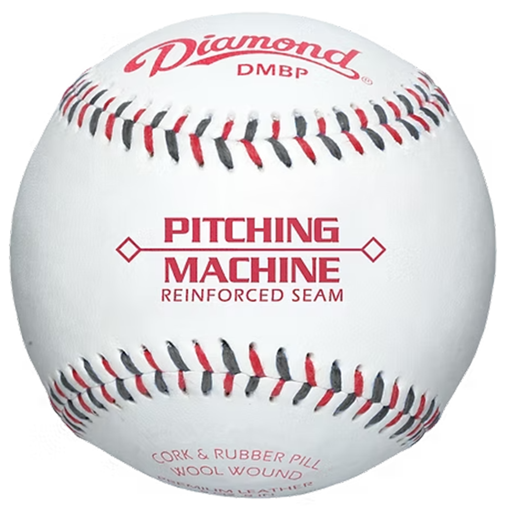 Baseball with 'Diamond' branding and red and black stitching on a white ball. The middle says Pitching Machine Reinforced Seam.