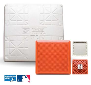 A set of baseball bases featuring a white Hollywood base and orange Kwik-Release bases Hollywood Bases logo and MLB branding.