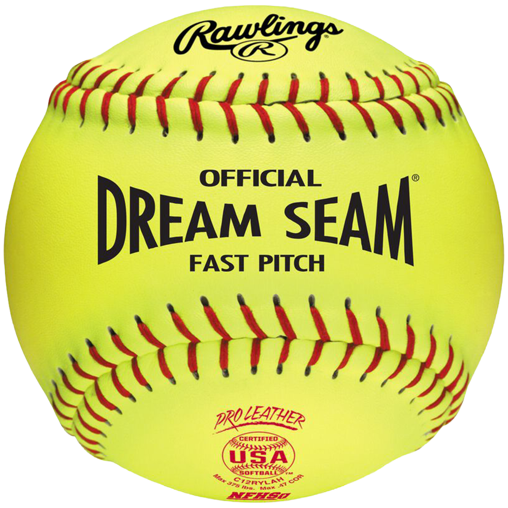 Yellow Rawlings Official Dream Seam Fast Pitch with red seams.
