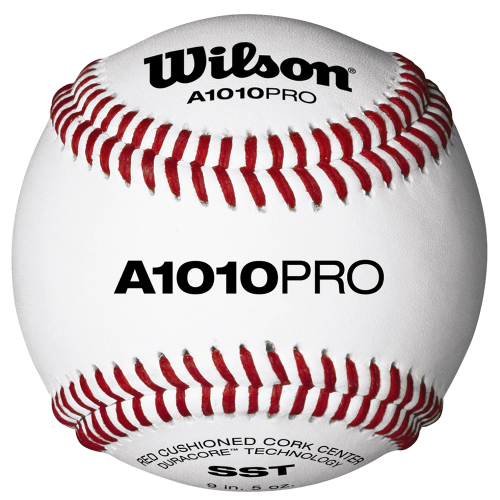 White Wilson A1010PRO baseball with Red Cushioned Cork Center DuroCore Technology at the bottom.