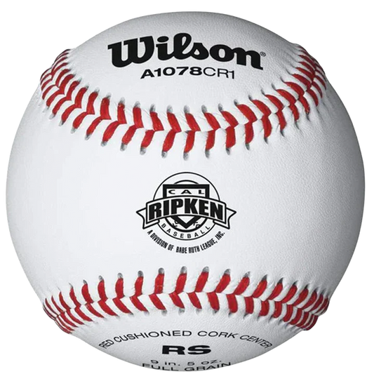 White baseball with red stitching. Wilson A1078CR1 and Cal Ripken branding.