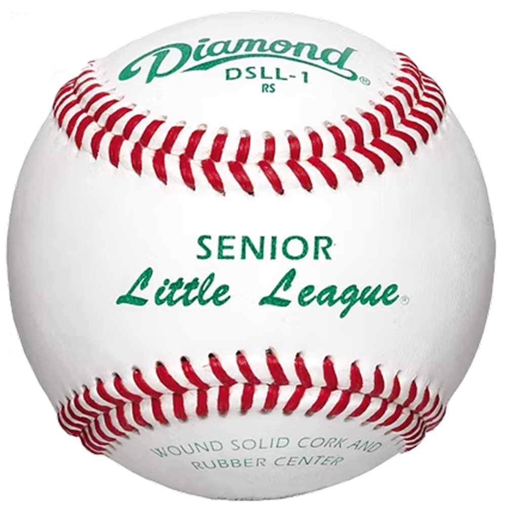 Baseball with red stitching featuring 'Diamond' branding and 'Senior Little League' text.