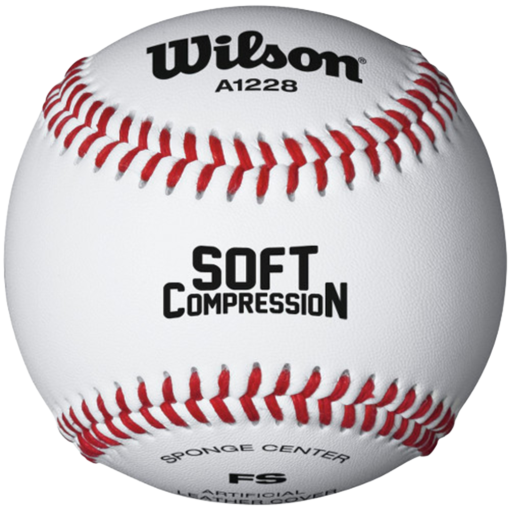 Wilson soft compression baseball with sponge center at the bottom and A1228 underneath wilson logo. White with red stitches.