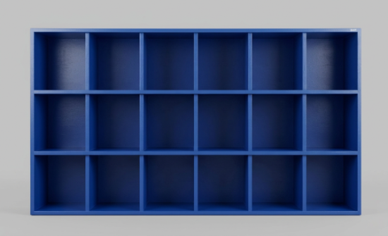 A blue wooden 16-compartment helmet rack, shown against a neutral gray background.