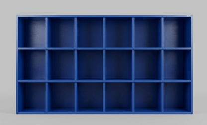 A blue wooden 16-compartment helmet rack, shown against a neutral gray background.
