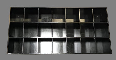 Black wooden helmet cubby rack with multiple compartments, designed for storing baseball or softball helmets.