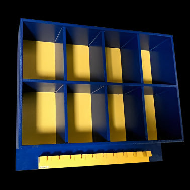 A blue and yellow 8 helmet combo rack designed to hold baseball or softball helmets and bats.