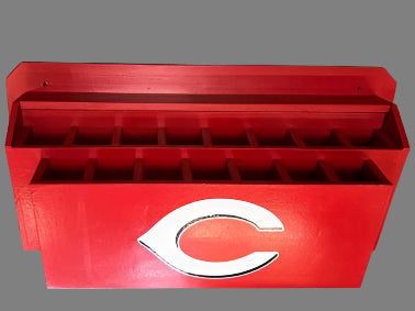 Angled 15 Bat Rack holds 15 bats at an angle away from the wall for use underneath existing helmet or player equipment racks. Add team logo at no added cost