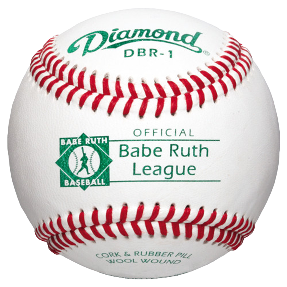 Baseball with red stitching featuring 'Diamond' and 'Babe Ruth League' branding.