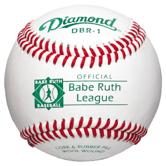 Baseball with red stitching featuring 'Diamond' and 'Babe Ruth League' branding.