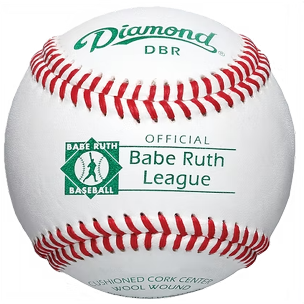 Baseball with red stitching and Official Babe Ruth League branding. Diamond DBR logo at the top.