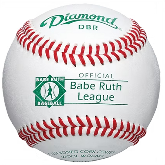Baseball with red stitching and Official Babe Ruth League branding. Diamond DBR logo at the top.