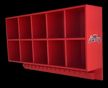 A red 10 helmet combo rack with multiple compartments, mounted on a wall.