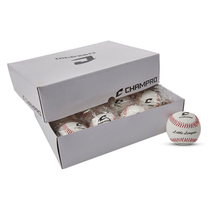 Box of Champro baseballs with a single ball in front of the box. 