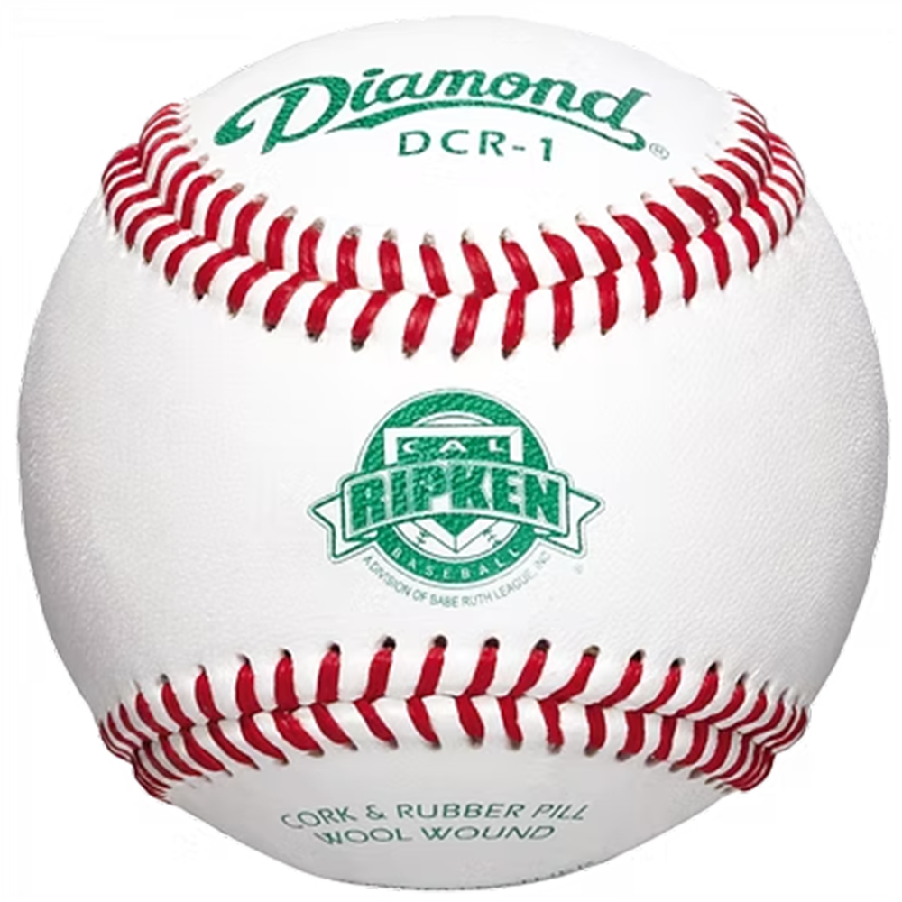 Baseball with red stitching and Diamond Cal Ripken branding