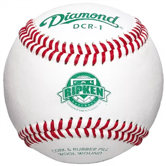 Baseball with red stitching and Diamond Cal Ripken branding