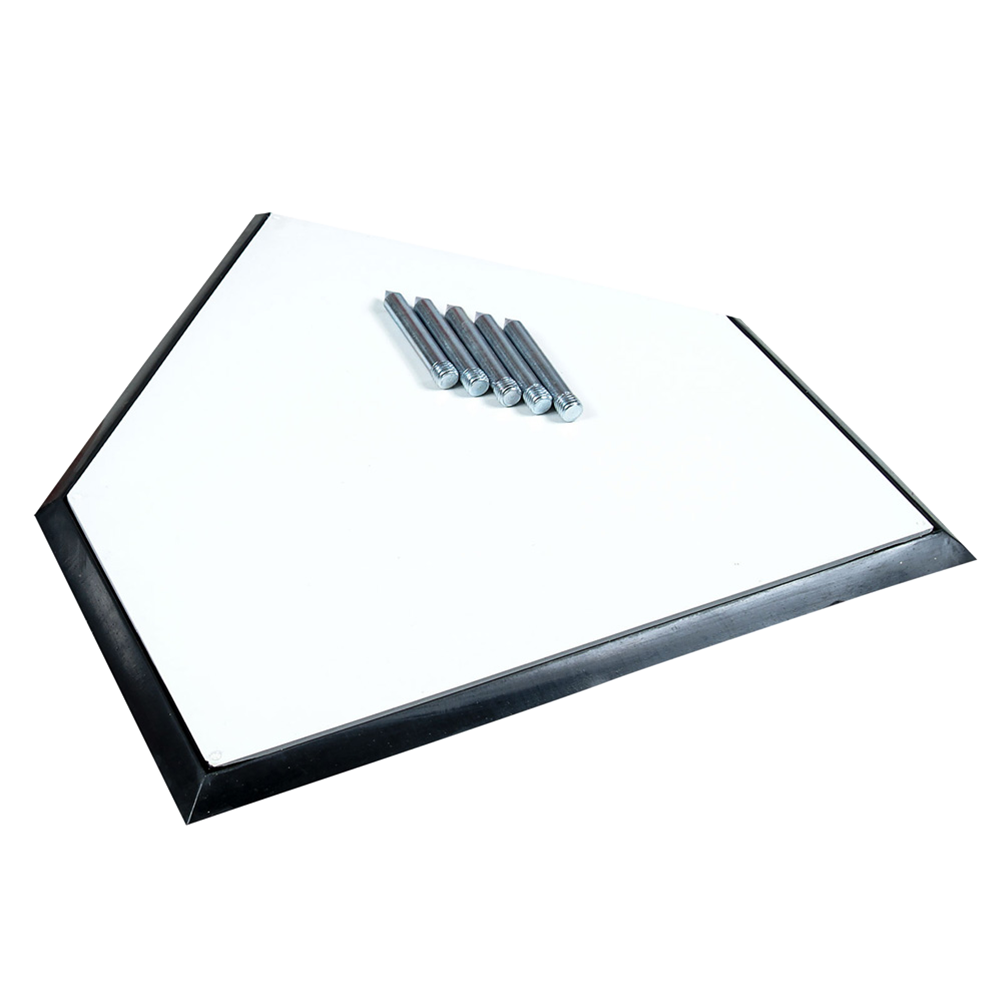 A square white base with a black border, shown at an angle. Five small gray cylindrical pieces are placed near the center of the base.