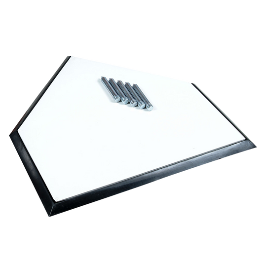 A square white base with a black border, shown at an angle. Five small gray cylindrical pieces are placed near the center of the base.