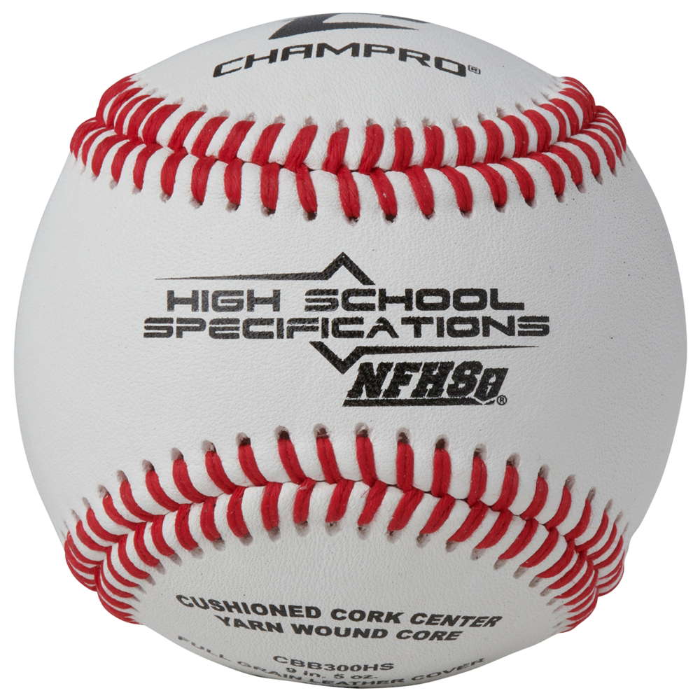 Baseball with red stitching, "Champro' branding, "High School Specifications" NFHS, cushioned cork center. 