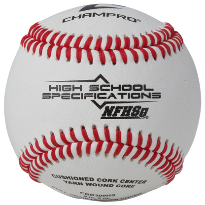 Baseball with red stitching, "Champro' branding, "High School Specifications" NFHS, cushioned cork center. 