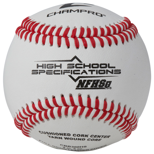 Baseball with red stitching, "Champro' branding, "High School Specifications" NFHS, cushioned cork center. 