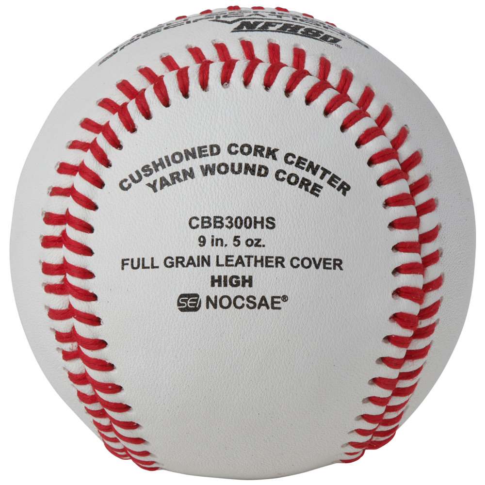 Baseball with red stiching showing "Cushioned Cork Center, Yarn Wound Core". Full Grain Leather Cover. 