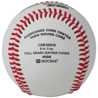 Baseball with red stiching showing "Cushioned Cork Center, Yarn Wound Core". Full Grain Leather Cover. 