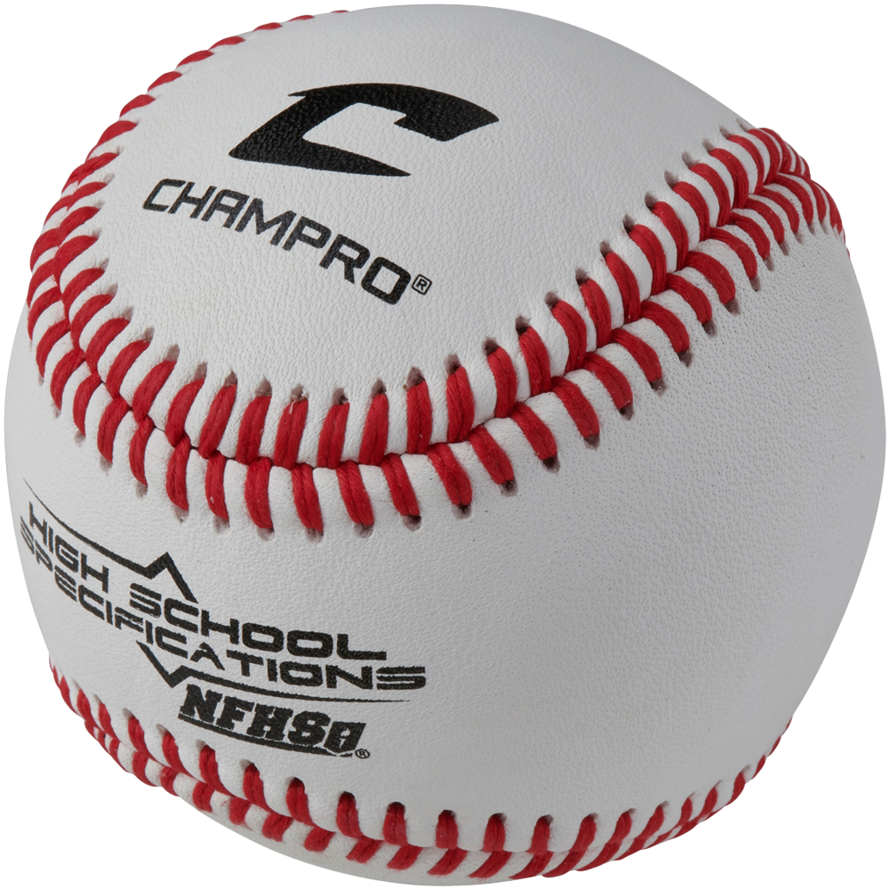 Baseball with red stitching on a white background, featuring Champro branding.