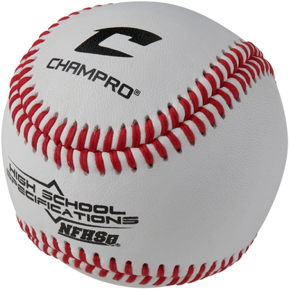 Baseball with red stitching on a white background, featuring Champro branding.