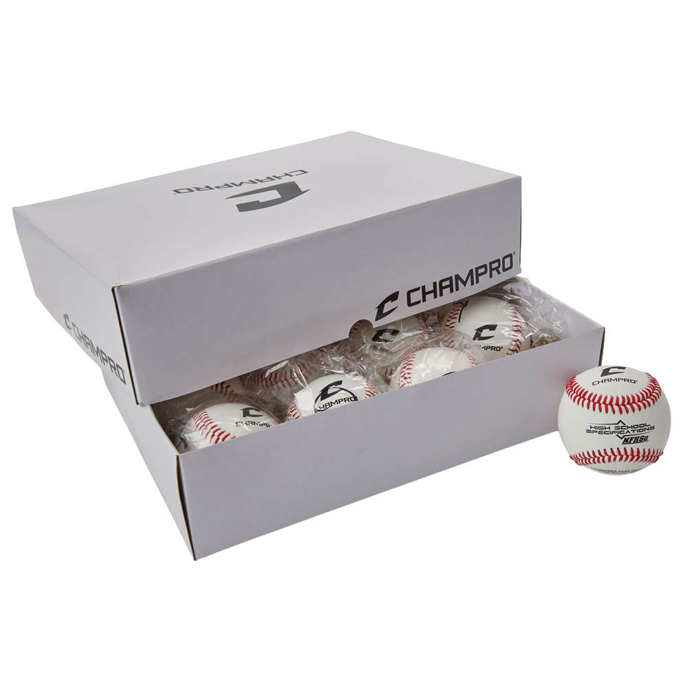 Box of Champro baseballs with a single ball outside of the box. 