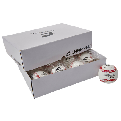 Box of Champro baseballs with a single ball outside of the box. 