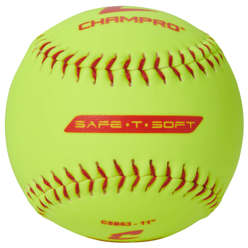Yellow softball with red stitching and 'Champro' branding 11"