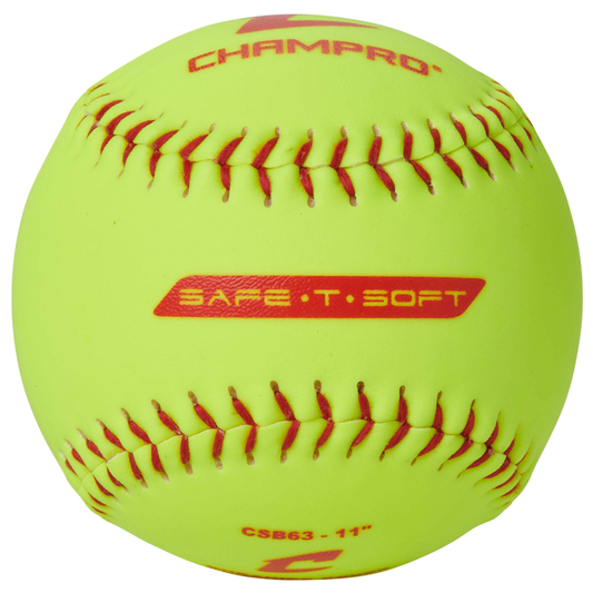 Yellow softball with red stitching and 'Champro' branding 11"