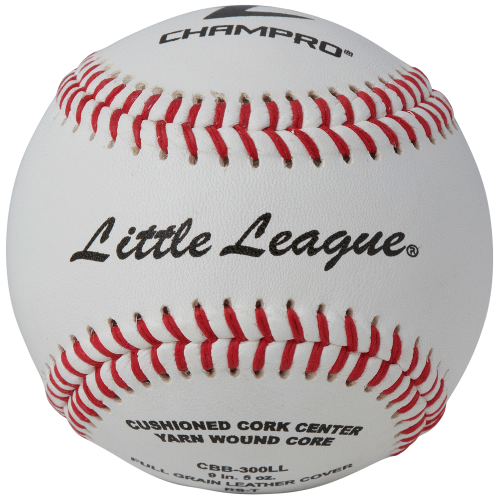 Baseball with red stitching featuring 'Champro' and 'Little League' branding.