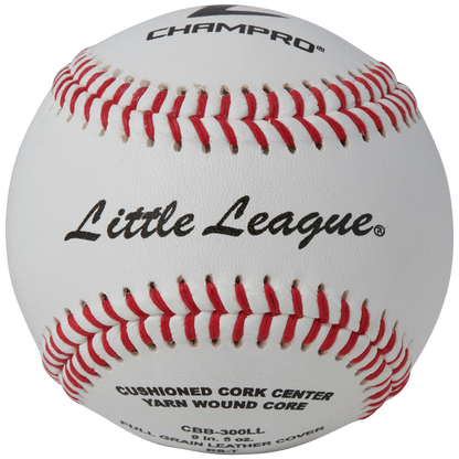 Baseball with red stitching featuring 'Champro' and 'Little League' branding.