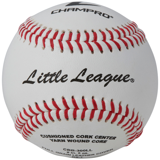 Baseball with red stitching featuring 'Champro' and 'Little League' branding.