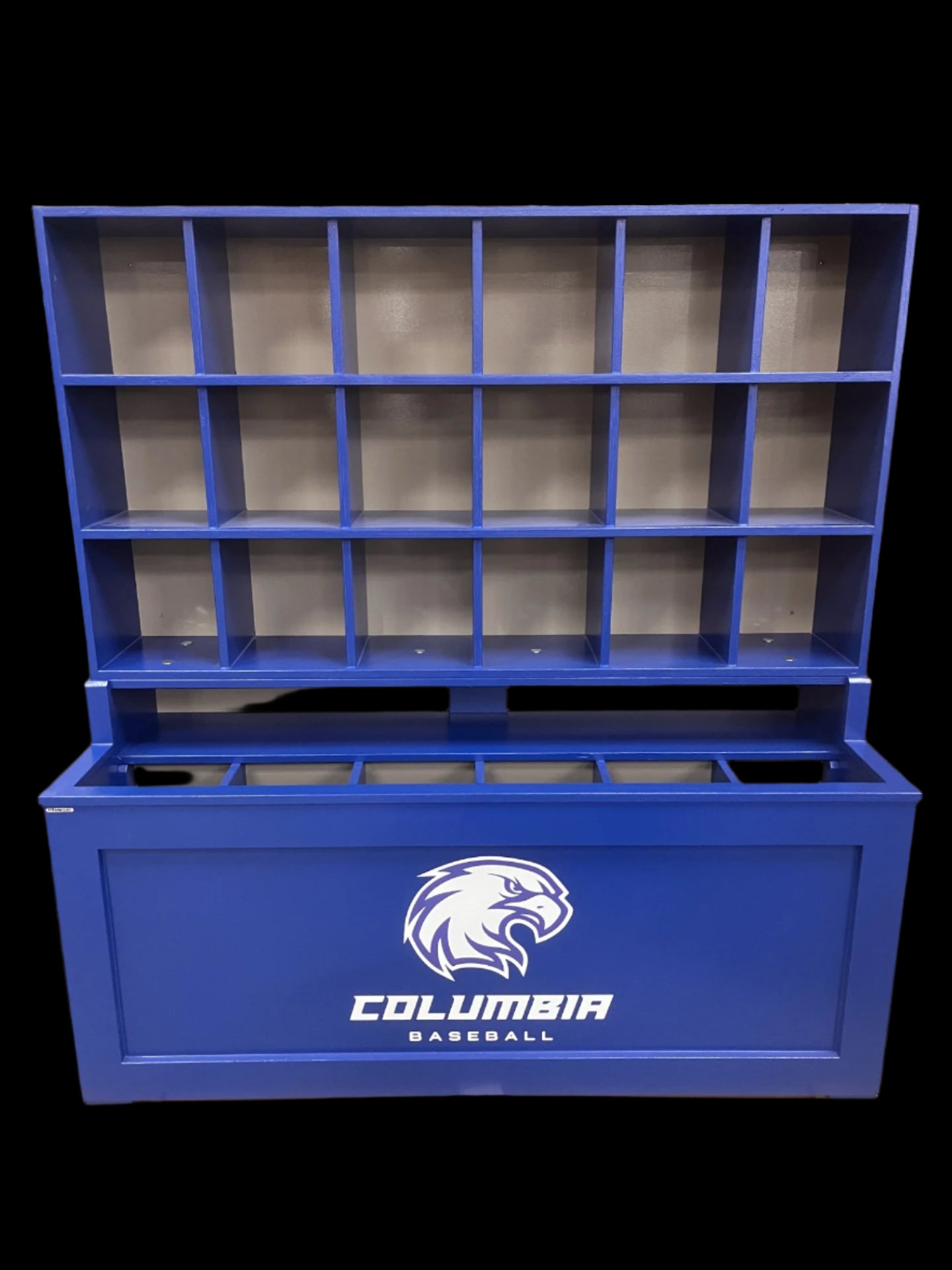 Blue storage unit with Columbia Baseball logo on a pallet in a warehouse setting