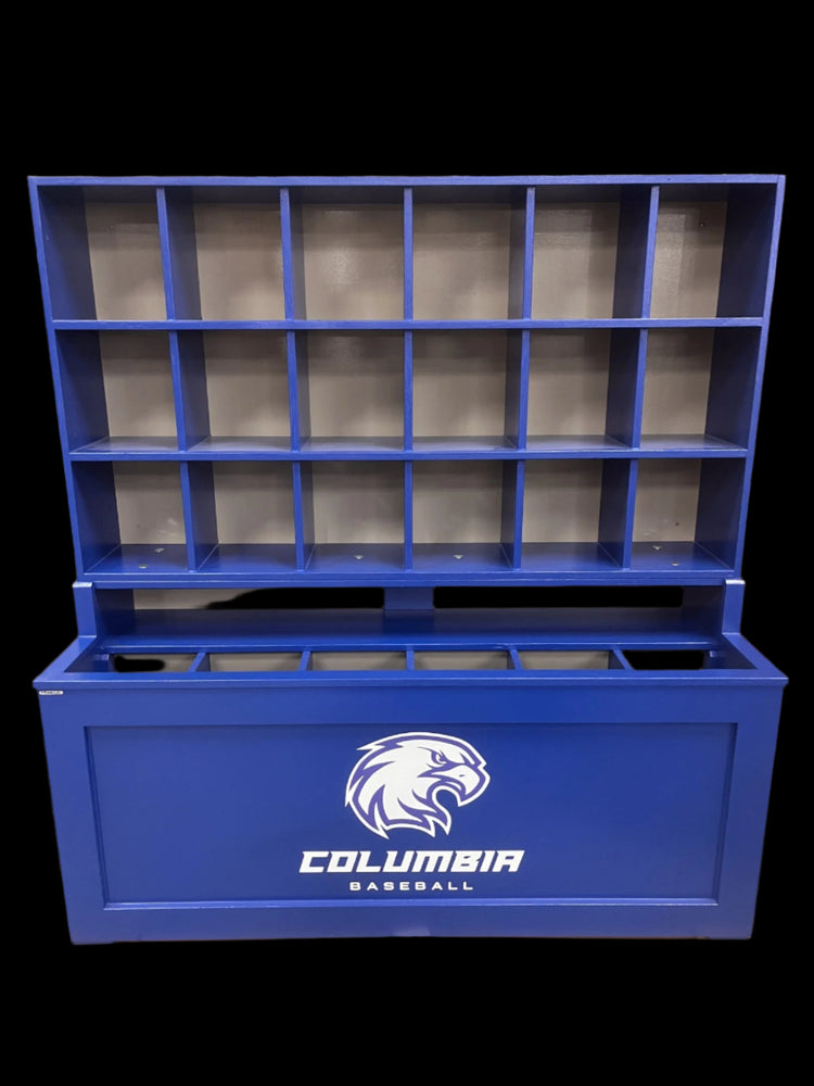 Blue storage unit with Columbia Baseball logo on a pallet in a warehouse setting
