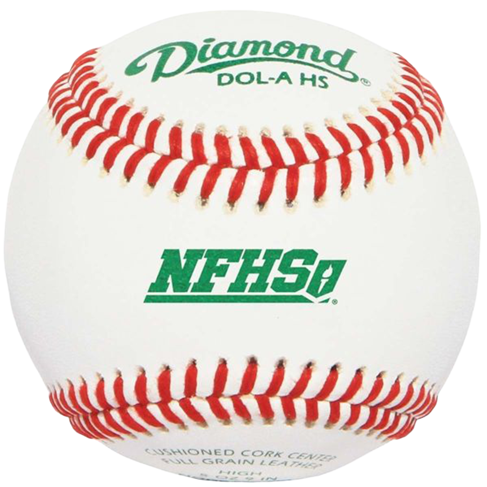 Baseball with red and white stitching on featuring 'Diamond' and 'NFHS' logos and DOL-A HS.
