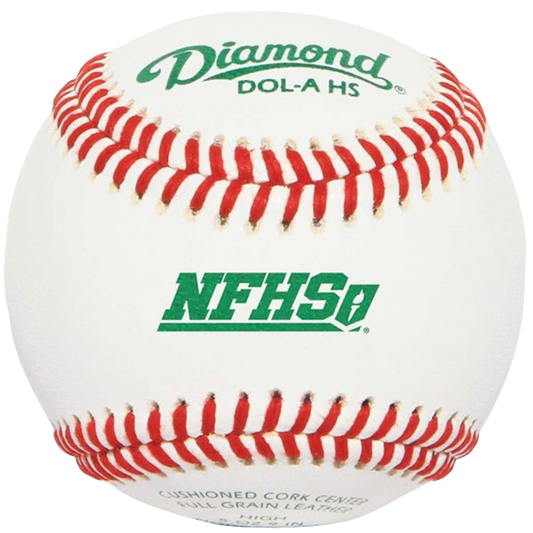 Baseball with red and white stitching on featuring 'Diamond' and 'NFHS' logos and DOL-A HS.