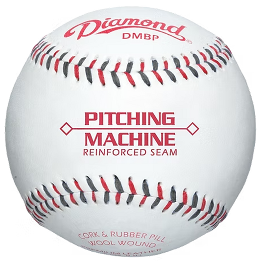 Baseball with 'Diamond' branding and red and black stitching on a white ball. The middle says Pitching Machine Reinforced Seam. 