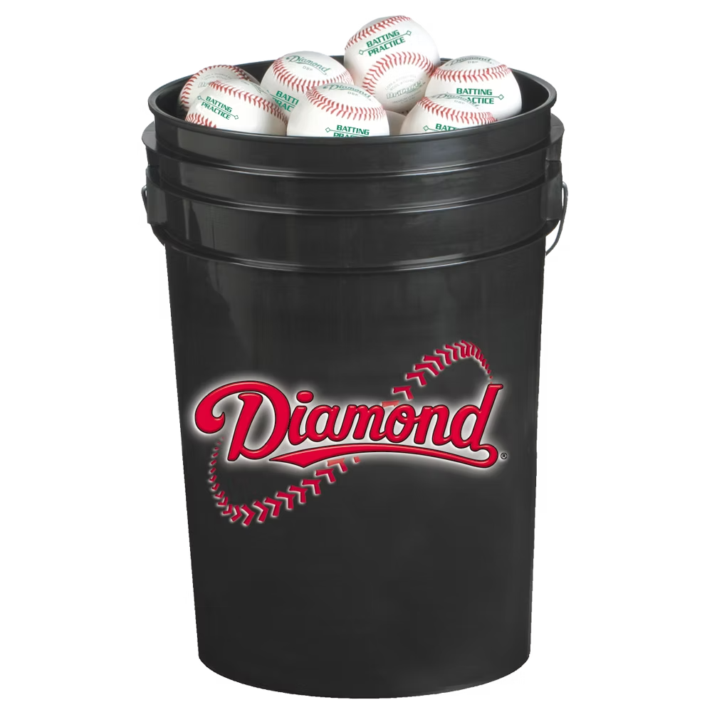 Black bucket labeled 'Diamond' with baseballs inside.