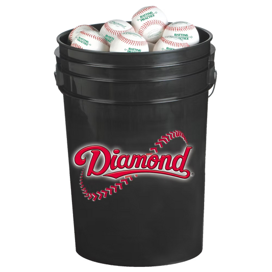 Black bucket labeled 'Diamond' with baseballs inside.