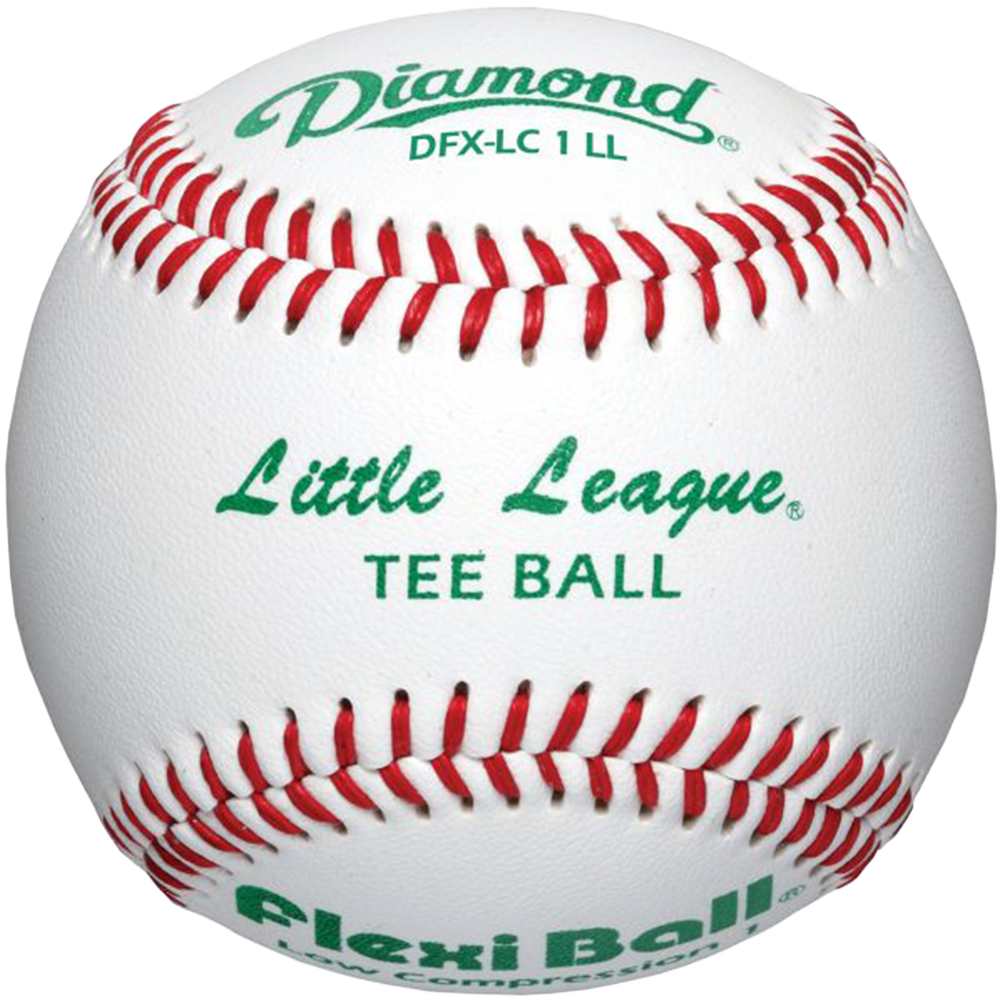 Baseball with Diamond DFX-LC 1 LL text at top and Little League Tee Ball in the middle and Flexi Ball at the bottom all in green. White baseball with red stitches. 