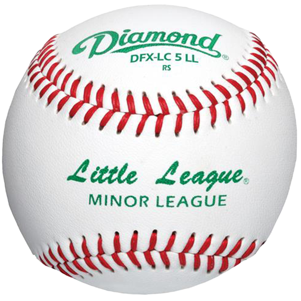 Baseball with Diamond DFX-LC 5 LL and little league minor league in the middle all in green text. The baseball is white with red stitches. 