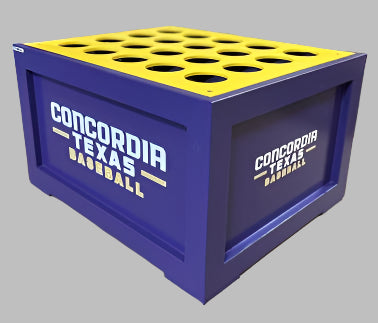 A purple and yellow Diamondback baseball bat holder with 'Concordia Texas Baseball' printed on the sides.