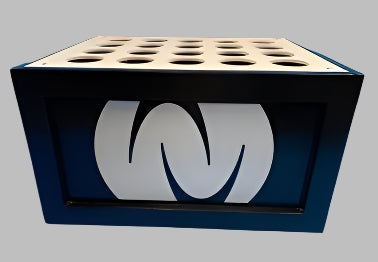 Rectangular bat storage with 20 holes for bats on top and logos on 4 sides