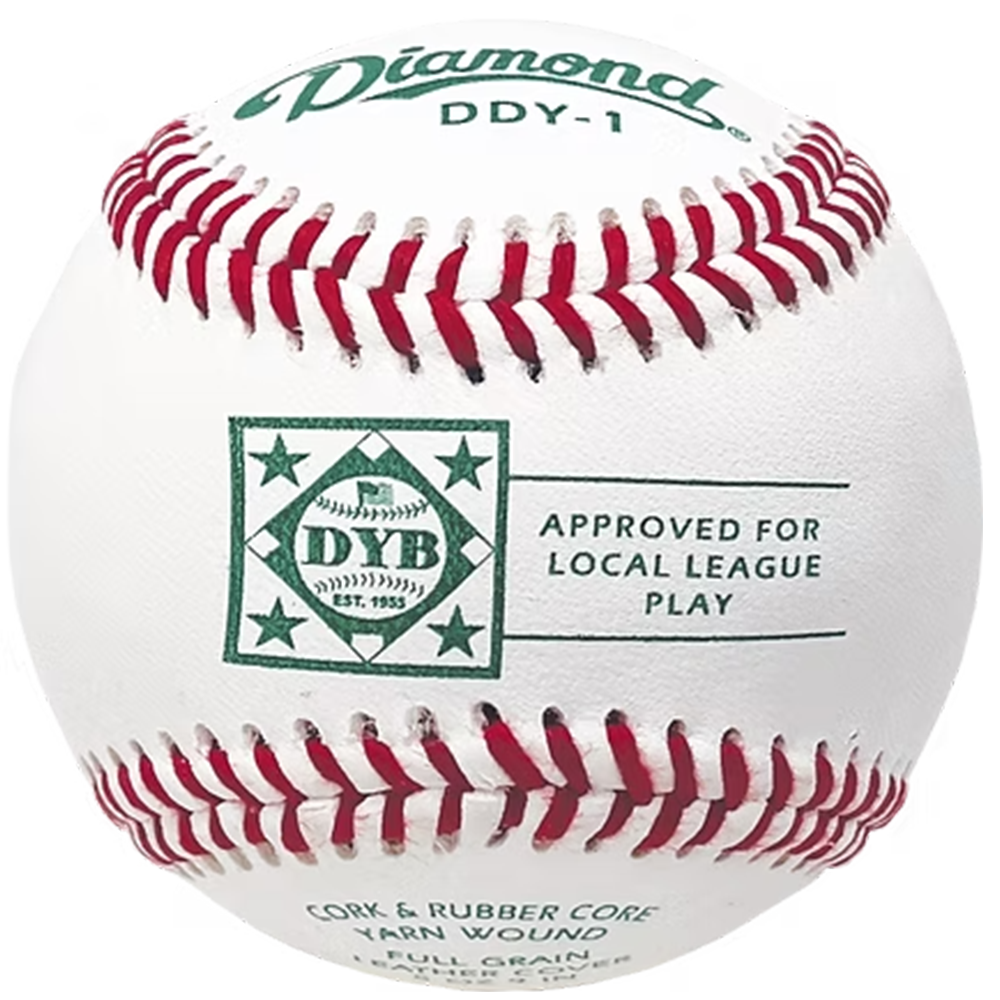 Baseball with red stitching and DYB branding saying approved for locacl league play. 